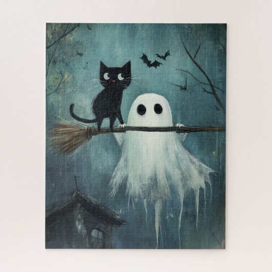 Halloween kat en geest vliegen op bezem legpuzzel (Verticaal)