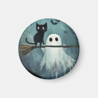 Halloween kat en geest vliegen op bezem magneet
