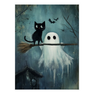 Halloween kat en geest vliegen op bezem perfect poster