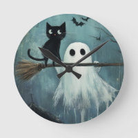 Halloween kat en geest vliegen op bezem