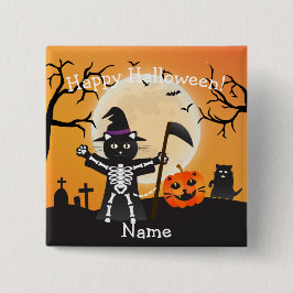 Halloween Kat Grim Reaper Vierkante Button 5,1 Cm