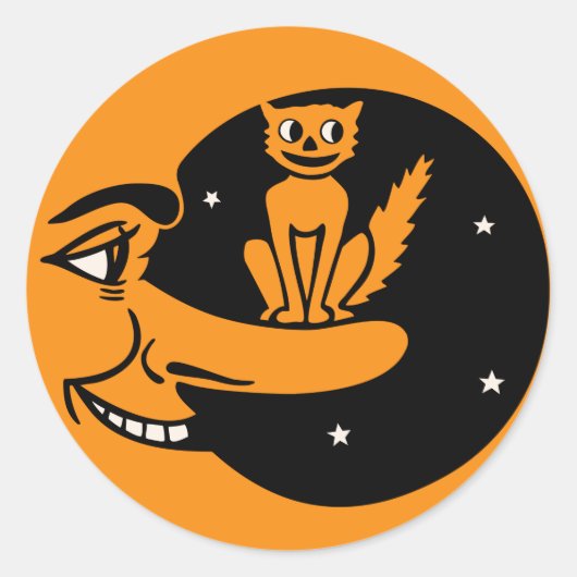  Halloween - Kat in de Maan Ronde Sticker (Voorkant)