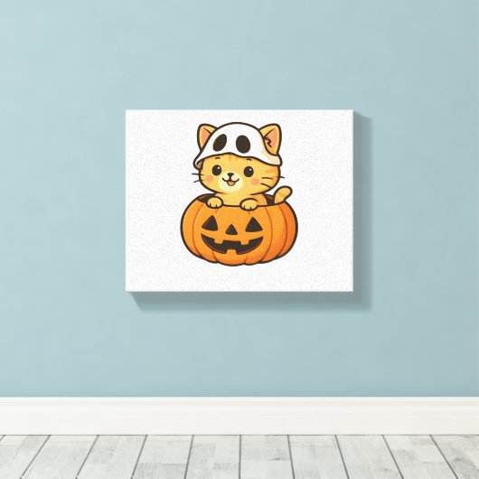Halloween Kat in een pompoen Classic T-Shirt Canvas Afdruk (Insitu (Houten vloer))