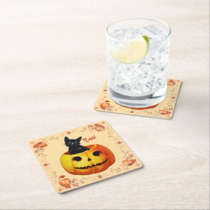 Halloween kat in pompoen kussen vierkante kartonnen onderzetter