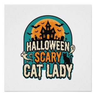 Halloween Kat Lady Griezelen Oude Geest Huis_1 Perfect Poster