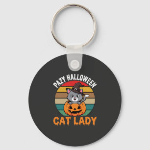 Halloween Kat Lady Heks Pompoen Retro Ontwerp Sleutelhanger