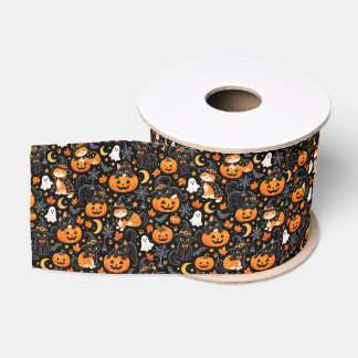 Halloween Kat Lint, Griezelige Pompoen en Zwarte K Grosgrain Lint
