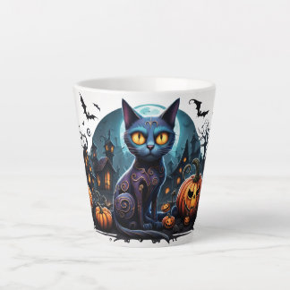 Halloween kat op achtergrond met pompoenen en vlee latte mok
