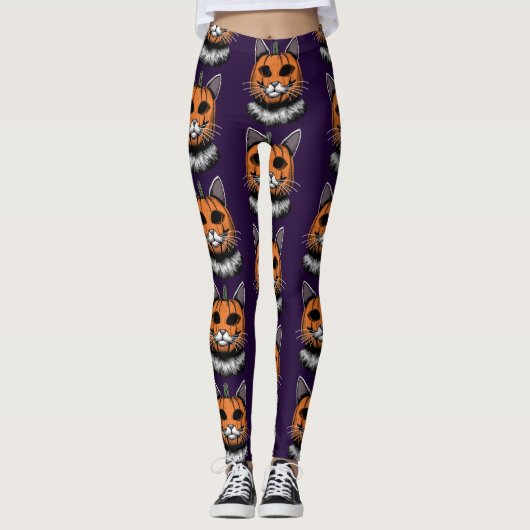 Halloween kat, pompoen gezicht leggings (Voorkant)