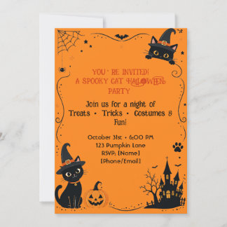 Halloween Kat Uitnodiging Achterkant Ontwerp | Sch