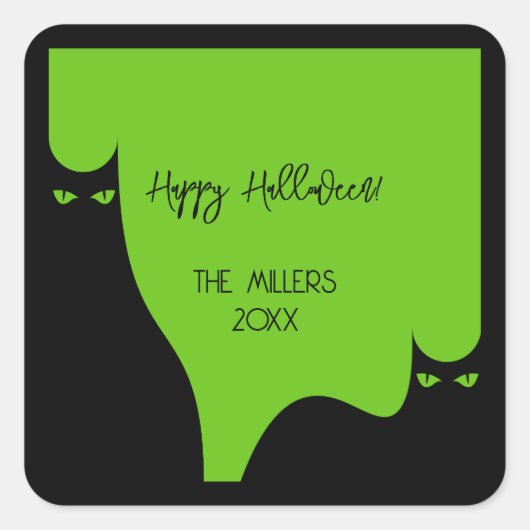 Halloween Katten Ogen Silhouet Zwart Groen Modern Vierkante Sticker (Voorkant)
