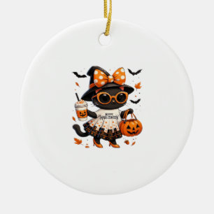 Halloween Kawaii Kat � Heksenkat met Pompoen en  Keramisch Ornament