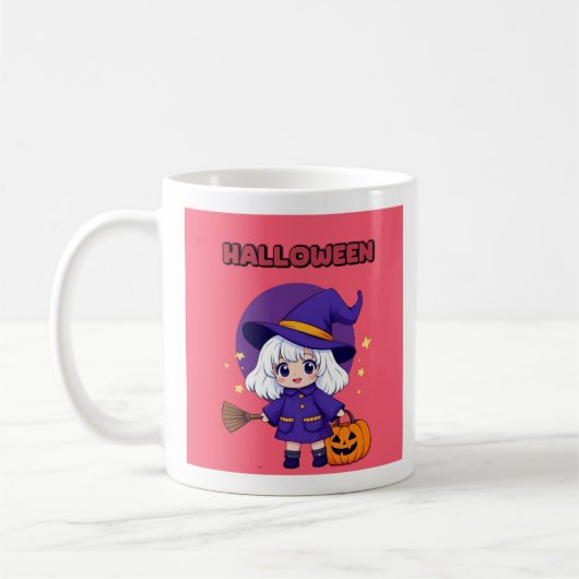 Halloween Kawaii Witch Mug – White Hair Broom 11oz (Gauche)