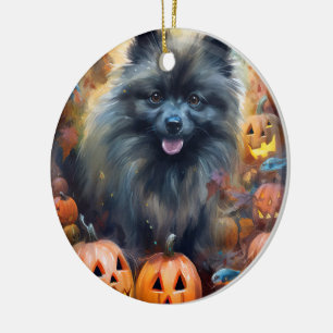 Halloween Keeshond met Pompoenen Griezelen Keramisch Ornament
