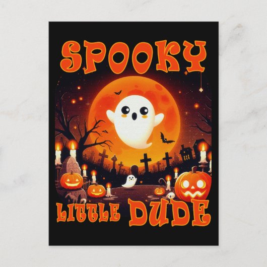 Halloween-kerkhof met schattige geest en gigantisc briefkaart (Voorkant)