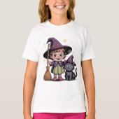 Halloween Kids Witch Girl Cat T-Shirt (Devant)