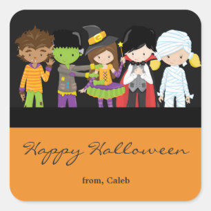 Halloween-kinderen in kostuum leuk feeststicker vierkante sticker