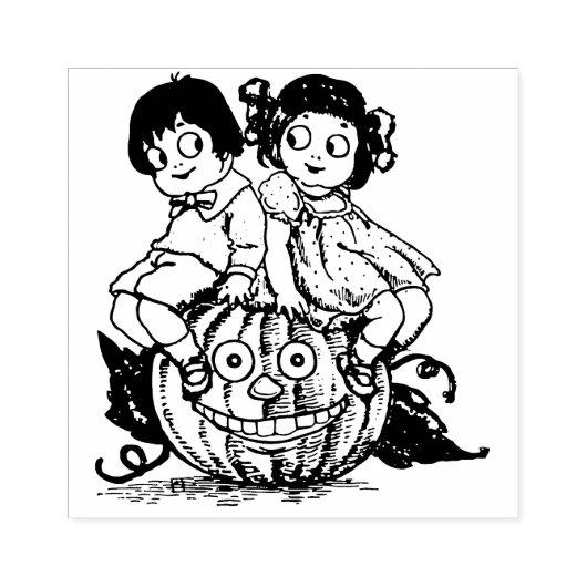 Halloween Kinderen op Jack O'Lantern Rubberstempel (Afrduk)