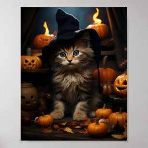 Halloween kitten heks met bladeren en pompoenen poster