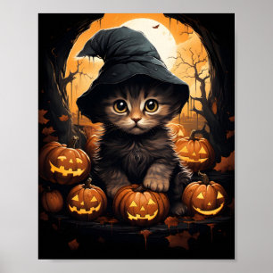 Halloween kitten heks met bladeren en pompoenen poster