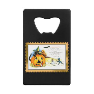 Halloween Kitty zit in Jack O Lantern Kredietkaart Flessenopener