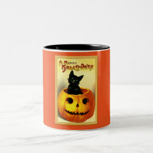 Halloween Kitty zit in Jack O Lantern Tweekleurige Koffiemok