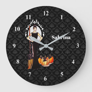 Halloween Klassieke Elegante Lange Zwarte Jurk Grote Klok