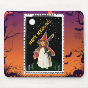 Halloween - Klein meisje met bezem en zwarte kat Muismat