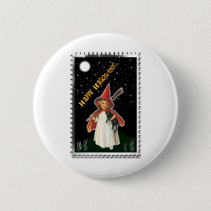 Halloween - Klein meisje met bezem en zwarte kat Ronde Button 5,7 Cm