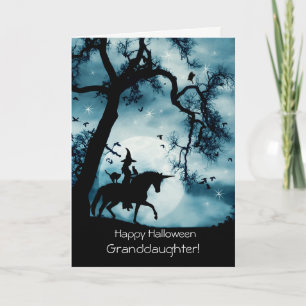 Halloween-kleindochter met heks en Unicorn Kaart