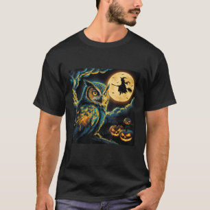 Halloween Kleurrijke Uil Van Gogh Sterrennacht Hek T-shirt