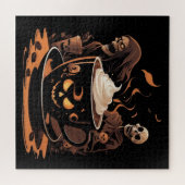 Halloween-koffiekunst – enge latte met skeletten legpuzzel (Horizontaal)