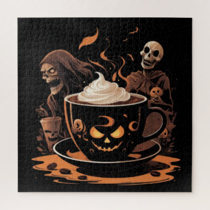 Halloween-koffiekunst – enge latte met skeletten legpuzzel
