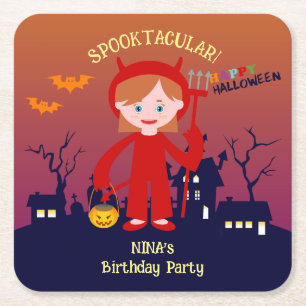 Halloween kostuum meisje verjaardagsfeestje vierkante kartonnen onderzetter