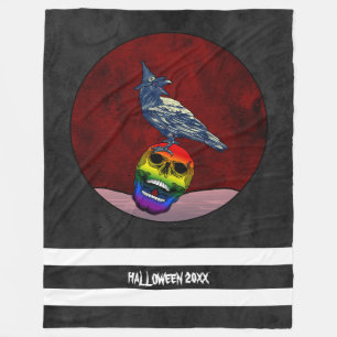Halloween Kraai op Schedel in Regenboog Vlag Kleur Fleece Deken