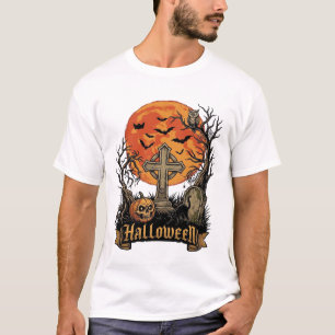 Halloween Kruis Grafsteen Schedel Pompoen Zwarte K T-shirt