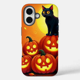Halloween kunst met kat en volle maan iPhone 16 hoesje
