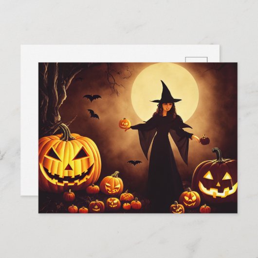 Halloween. Kürbisse und Hexe bei Vollmond. Briefkaart (Voorkant / Achterkant)
