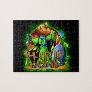 Halloween Lady Scarecrow Pumpkin Head RIP Bat Legpuzzel