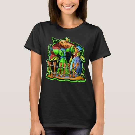 Halloween Lady Scarecrow Pumpkin Head RIP Bats T-shirt (Voorkant)