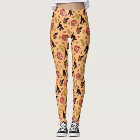 Halloween Leggings Chat Witch et Citrouille sur Or (Devant)