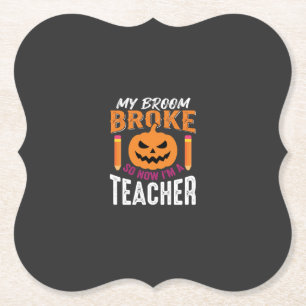 Halloween Leraar Bezem Gebroken Pompoen Ontwerp Kartonnen Onderzetters