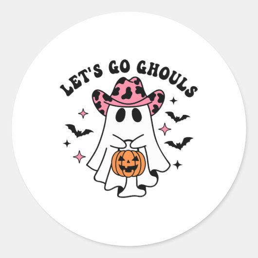 Halloween Let's Go Ghouls Ghost Retro Kostuum Vrou Ronde Sticker (Voorkant)