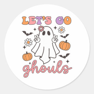 Halloween Let's Go Ghouls Ghost Retro Kostuum Vrou Ronde Sticker