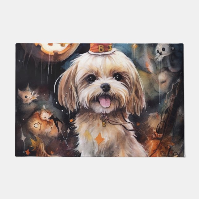 Halloween Lhasa Apso met pompoenen eng Deurmat (Voorkant)