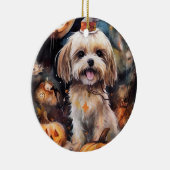 Halloween Lhasa Apso met pompoenen eng Keramisch Ornament (Rechts)