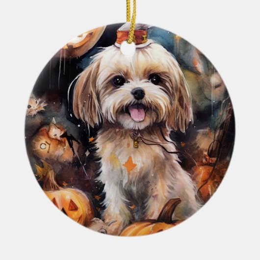Halloween Lhasa Apso met pompoenen eng Keramisch Ornament (Voorkant)