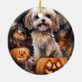 Halloween Lhasa Apso met pompoenen eng Keramisch Ornament (Achterkant)
