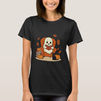 Halloween Lief Geest Lezen Boek Kat Pompoenen Thee T-shirt