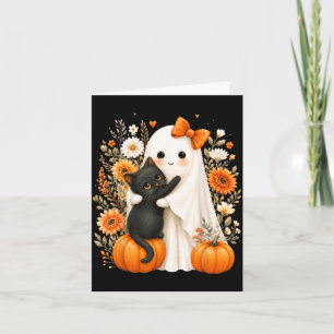 Halloween Lief Geestje Zwarte Kat Pompoen Bloemen Kaart